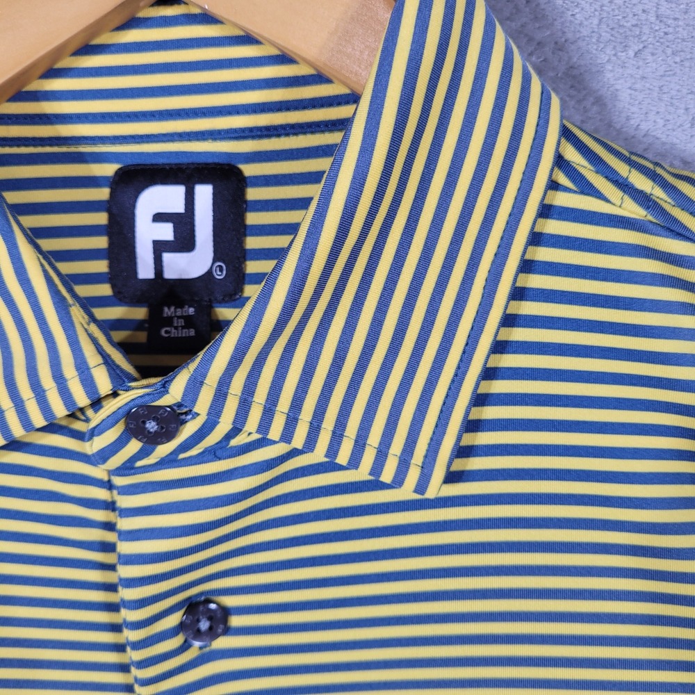FootJoy Polo Shirt Mens L Yellow Blue Stripe Short Sleeve Golf Performance Sheep